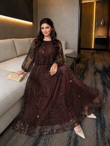 Auveirra Plus Size Elegant Sequin Party Dress Fall - Brown - View 3