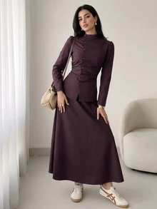 Solavon Women's Button Pleated Long Sleeve Shirt And Long Skirt 2 Pieces Set - Brown - View 6