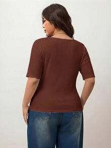 Enliva Plus Size Women's High Elasticity Fitted Square Neck Short Sleeve T-Shirt, Skin-Friendly Spring/Summer Style, Flattering For Round Body Shape (Suitable For Apple-Shaped Body) - Rust Brown - View 3