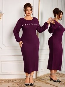 Modelyn Plus Size Fashion Vintage Rhinestone Long Sleeve Sweater Dress - Red Violet - View 6