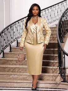 Fleurora Plus Size Women's Jacquard Open Front Jacket And Dress Elegant 2 Pieces Set Wedding Formal Guest Gold Christmas Purple Fall - Gold - View 6