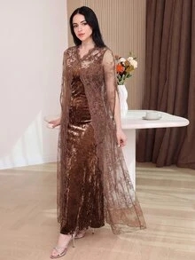 Feyla 女款蕾絲性感約會派對長洋裝 - 棕色 - 查看 5