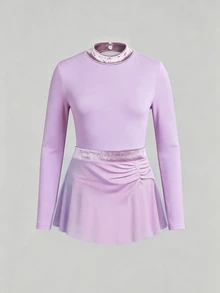 Teen Girl Solid Color Long Sleeve Jumpsuit Skirt Sports Lyrical Elegant Set, Suitable For Dance Party Prom, Training And Performance Purple Fall - Mauve Purple - View 5