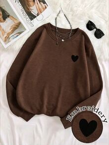SHEIN LUNE 女款棕色運動衫，成熟戶外上衣，愛心刺繡，秋冬熱銷款，送給母親的禮物 - 咖啡棕 - 查看 3
