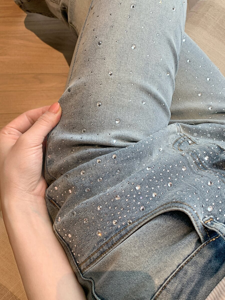 DAZY Women's Casual Daily Flare Jeans With Pocket, Button And Rhinestone Embellishments - Blue - View 1