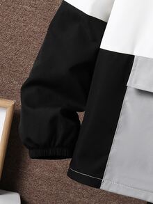 SHEIN 男童 2件組三色拼接半拉鍊連帽防風夾克外套與工裝長褲套裝，大童運動休閒套裝，秋季穿搭，秋季服飾 - 黑與白 - 查看 6