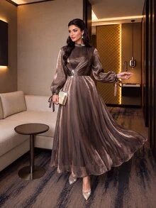 SHEIN Lady CURVE Plus Size Elegant Party Waist-Cinching Dress - Brown - View 8