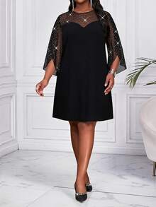 SHEIN Lady CURVE Plus Size Women's Patchwork Rhinestone Mesh 3/4 Sleeve Elegant Dress - Black - View 5
