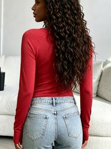 SHEIN Core Rhythm Red Long Sleeve Criss-Cross V-Neck Waist-Cinching Jumpsuit - Red - View 6