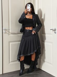 Slaydiva Women's Frayed Hem Casual Daily Denim Skirt - Black - View 7