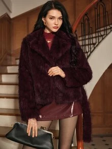 Anewsta Women's Autumn/Winter Short Faux Fur Coat With Large Lapel And Tie - Burgundy - View 5