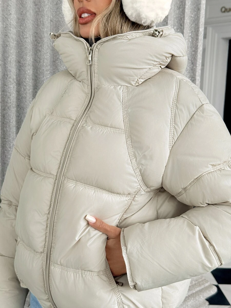 Pariaura Hooded Padded Coat, Loose Fit, Versatile All-Match Style, Minimalist Quilted Check Pattern, Double Zipper Pockets, Lightweight Daily Commute Outerwear - White - View 1