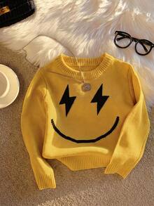 SHEIN Tween Boy Cartoon Smiling Face Pattern Crew Neck Long Sleeve Casual Sweater - Multicolor - View 2