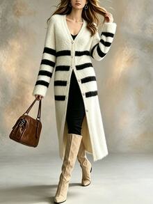 Balvessa Women's Striped Contrast Color Button Long Sleeve Knit Cardigan - Multicolor - View 3