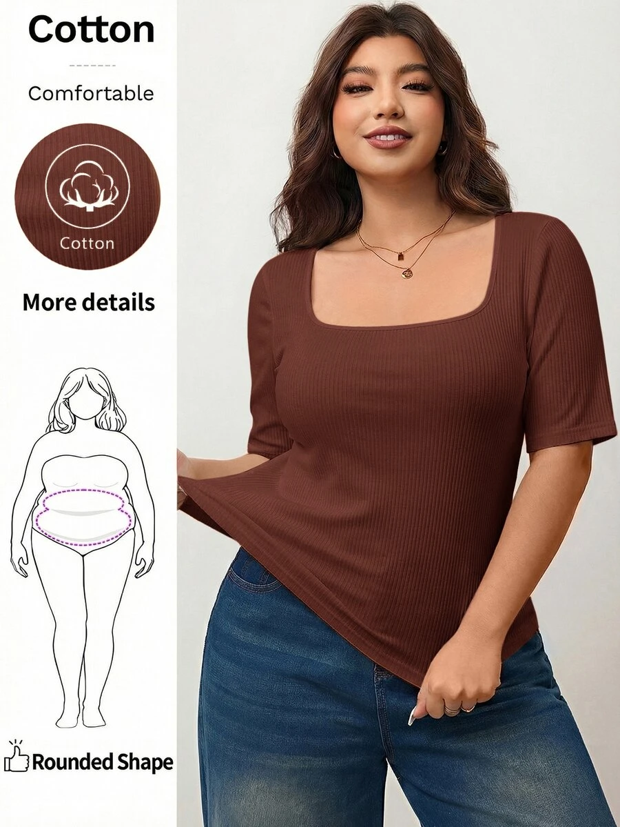 Enliva Plus Size Women's High Elasticity Fitted Square Neck Short Sleeve T-Shirt, Skin-Friendly Spring/Summer Style, Flattering For Round Body Shape (Suitable For Apple-Shaped Body)