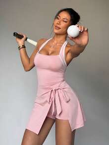 Dewbera Dewbera Spring/Summer Women's Sports Dress, Colorblock Halter Neck, Back Cutout, Front Tie, Built-In Shorts, Pockets, Dusty Pink, Athletic, Tennis - Pink - View 3