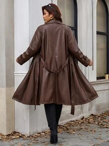 SHEIN Clasi 大尺碼女款長版翻領風衣 - 酒紅色 - 查看 2