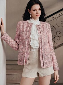 Anewsta Women's Faux Pearl Decor Fashion Versatile Long Sleeve Jacket - Pink - View 4