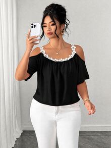 Elenzga Plus Size Round Neck Patchwork Lace Collar Cold Shoulder Short Sleeve Meteor Pleated Texture Pink Blouse - Black - View 7
