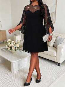 SHEIN Lady CURVE Plus Size Women's Patchwork Rhinestone Mesh 3/4 Sleeve Elegant Dress - Black - View 1