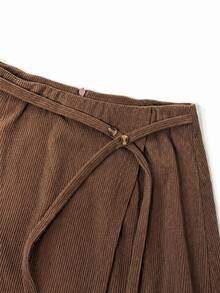 SHEIN EZwear Women's Autumn/Winter Vintage Coffee Brown Corduroy Overlap 2 In 1 A-Line Mini Skirt With Side Waist Button Tie Cinched Waist Anti-Exposure Casual Commute Skirt - Brown - View 7