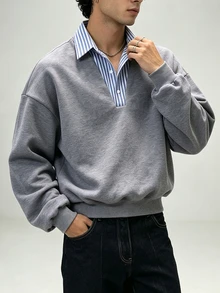 TONEVAULT Men's Striped Patchwork Button Half-Placket Long Sleeve Sweatshirt - Grey - View 3