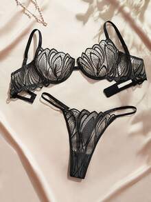 Charlaine Large Petal Embroidered Women's Lingerie Set, Adjustable Straps Ultra-Thin Underwire Bra, Thin Strap Thong 2pcs - Black - View 4