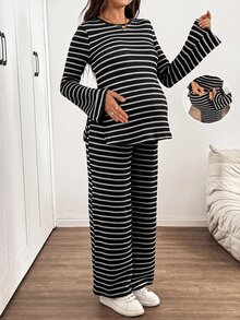 SHEIN Maternity Striped Side Slit Top And Pants 2 Pieces Set - Black - View 1