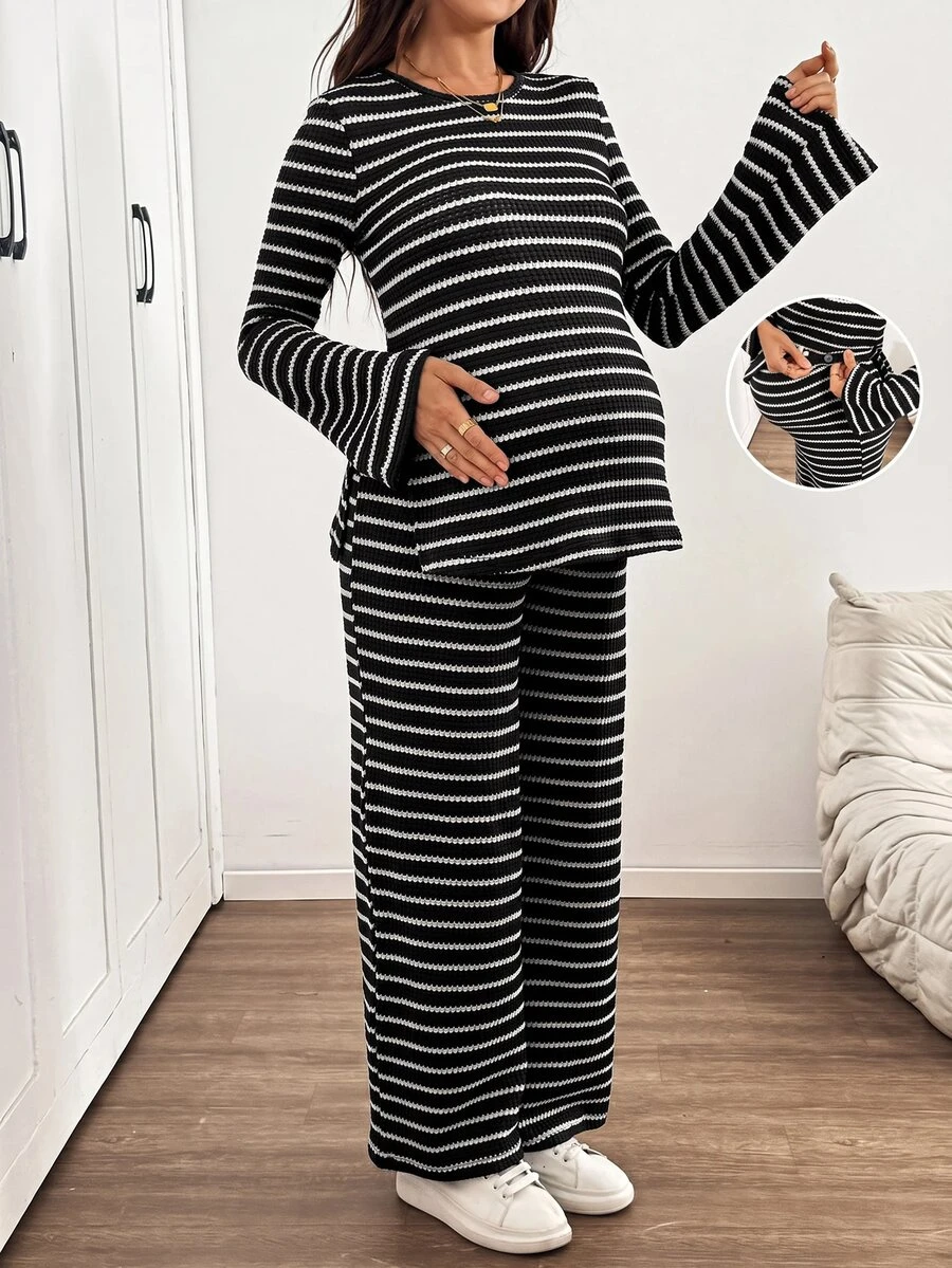 SHEIN Maternity Striped Side Slit Top And Pants 2 Pieces Set - Black - View 1