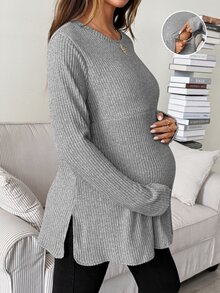 SHEIN 孕婦純色圓領長袖羅紋休閒哺乳T恤 秋季 - 淺灰色 - 查看 9