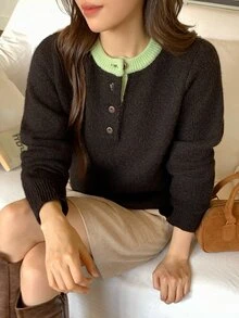 DAZY Deep Brown Round Neck Contrast Green Collar Button Half-Placket Loose Long Sleeve Casual Knit Sweater - Brown - View 1