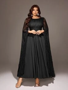 Viva Relle Plus Size Black Lace Cape Sleeve Spliced Chiffon Cinched Waist Long Evening Formal Night Dress Autumn Halloween Goth Elegant - Black - View 5