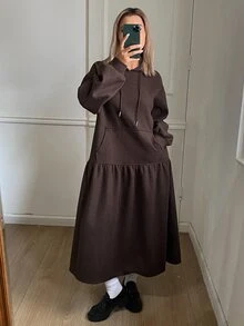 DAZY Dark Brown Hooded Drawstring Long Sleeve Patchwork Loose Fit Casual Mid-Length Dress, Versatile For Autumn/Winter - Brown - View 3