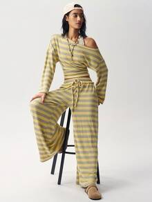Bohemela Women's Striped Colorblock Asymmetric Shoulder Long Sleeve Top And Drawstring Waist Pants 2 Pieces Set - Yellow - View 5