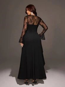 Viva Relle Plus Size Women Square Neck Flare Sleeve Side Slit Hem Sexy Contrast Lace Flare Sleeve Elegant Dress Fall - Black - View 6
