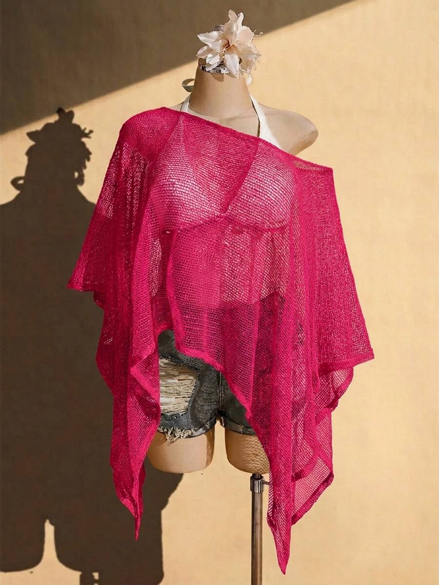 SHEIN ICON 女款大尺碼春夏鏤空網紗杏色上衣 - 玫紅色 - 查看 1