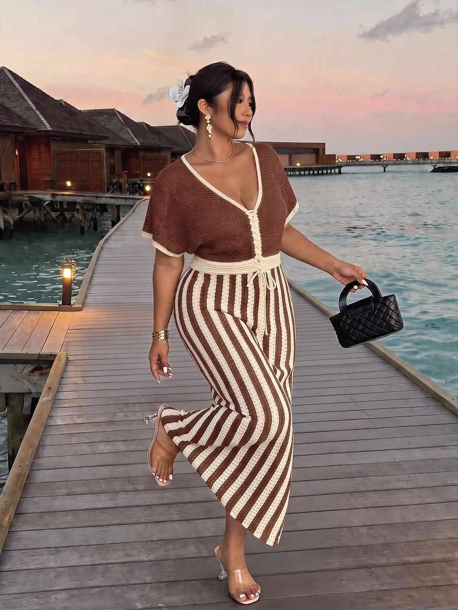 Firerie Plus Size Vintage Vacation Drawstring Tie Contrast Color Knit Dress - Coffee Brown - View 1