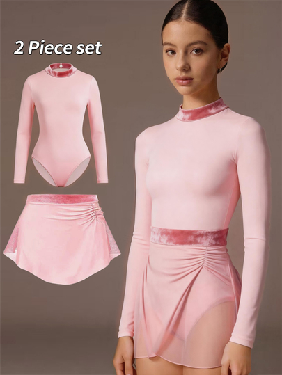 Teen Girl Stand Collar Long Sleeve Jumpsuit And Skirt Sports Set, Suitable For Dance, Training And Performance Occasions.