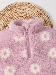 SHEIN Genkimix Kids 2件組少女針織衛衣，單面刷毛半拉鍊上衣，休閒經典百搭淺灰色套裝 - 紫色 - 查看 4