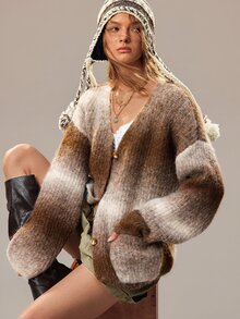 SHEIN Autumn/Winter Fashion Tie-Dye V-Neck Long Sleeve Cardigan Sweater - Multicolor - View 5