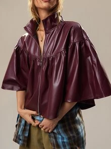 SHEIN 女款立領優雅荷葉邊中袖拉鍊開襟衫，寬鬆顯瘦時尚復古百搭短版夾克 - 酒紅色 - 查看 6