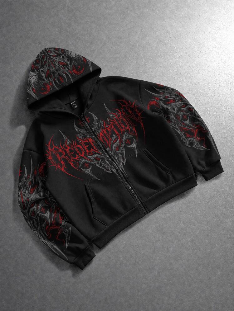 ROMWE MEN Street Life Men's Dark Gothic Print Loose Fit Zip-Up Hoodie - Black - View 1