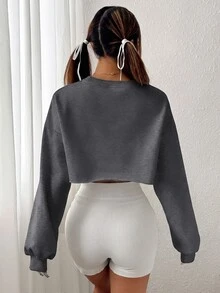 SHEIN EZwear 女款休閒純色短版運動衫，秋季 - 灰色 - 查看 2