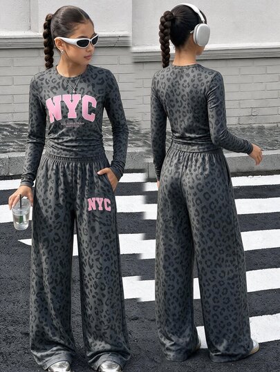 Tweengirls Solid Color Leopard Print Letter Graphic, Street Casual Style, Slim Fit Long Sleeve T-Shirt With Loose Straight Leg Pants 2-Piece Set, Soft Knit, Daily Casual, Campus, Sports, Autumn Outfit
