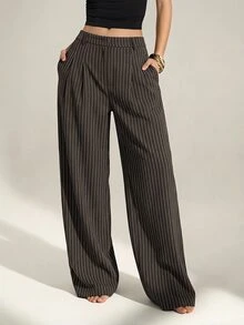 SHEIN Tall 女款休閒通勤條紋寬腿長褲 - 咖啡棕 - 查看 9
