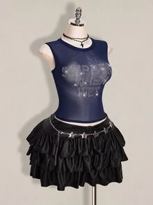 SHEIN ICON 大尺碼 Y2K 夏季黑色性感透視網紗水鑽亮片露背修身背心（附水鑽字母裝飾） - 藏蓝色 - 查看 8