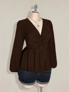 SHEIN ICON 女款大尺碼黑色紋理扭轉前襟燈籠袖上衣 - 棕色 - 查看 4