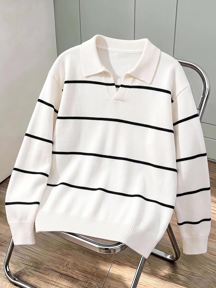 SHEIN Tween Boy Loose Casual Minimalist Comfortable Collared Striped Sweater, Suitable For Commuting, School, Daily Casual Wear, Outings And Sports - Black and White - View 1