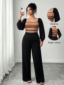 SHEIN LUNE جمبسوت نسائي للخريف/الشتاء للعطلات بتصميم هندسي مرقع وألوان متباينة وياقة مربعة وأكمام فانوس طويلة وساق واسعة - متعدد الألوان - مشاهدة 6
