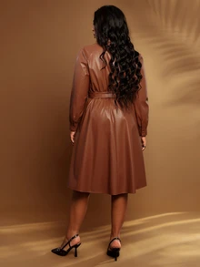 BrightlyHer Plus Size Women's Solid Color Long Sleeve Button Half-Placket PU Leather Fashion Dress - Brown - View 2